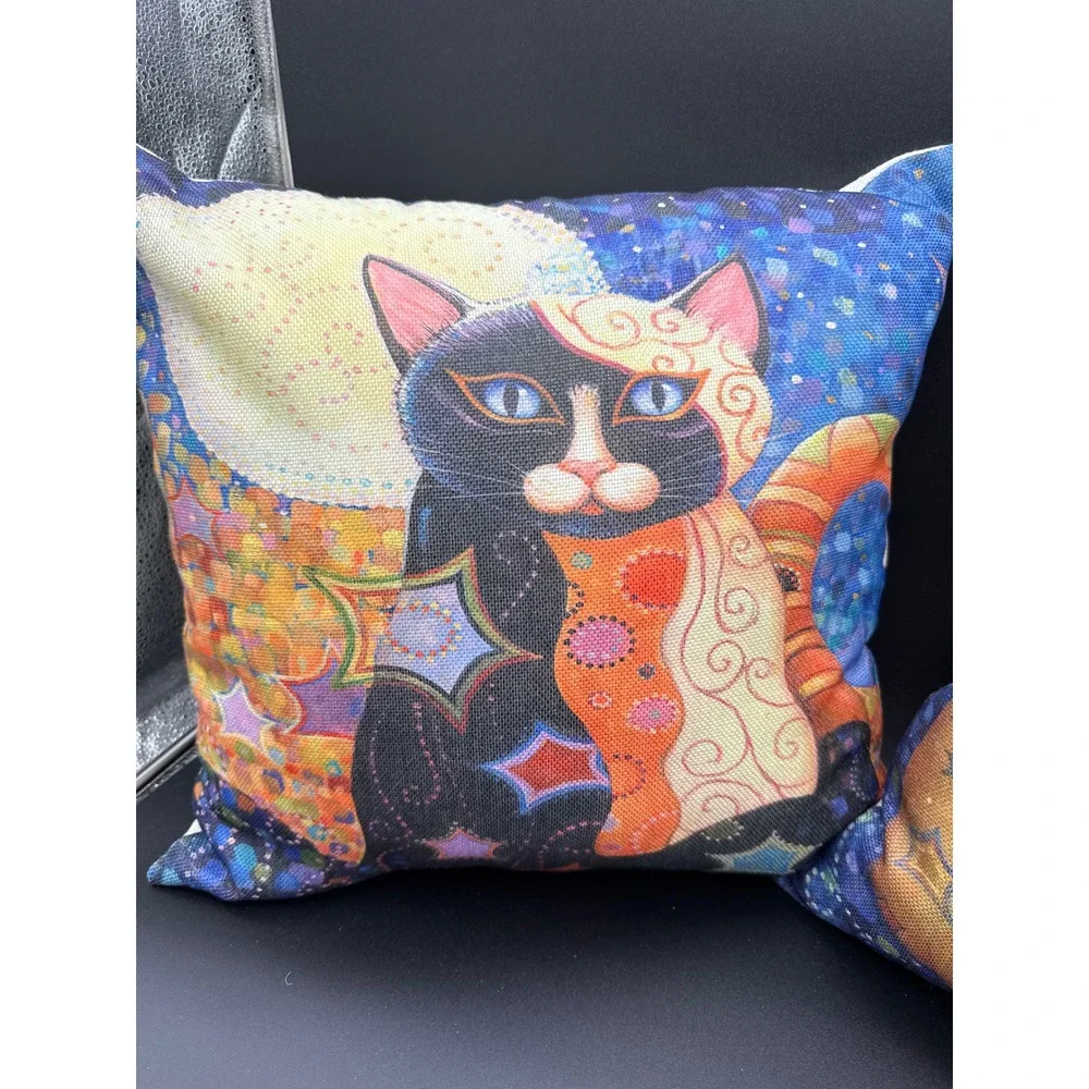 Set‎ of 2 Artistic Cat Throw Pillows Mosaic Celestial Moon Star Decorative 18x18